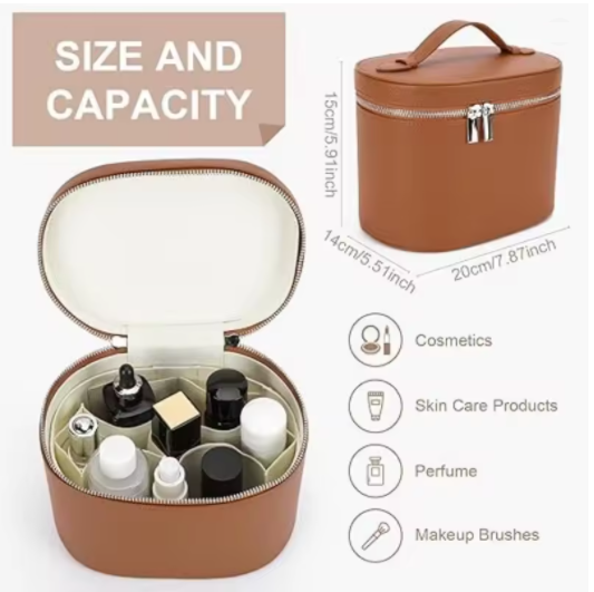 Wholesale PU Pebble Leather Makeup Organizer Women Skin Care Beauty Handle Storage Case Cosmetic Cases With Removable Dividers