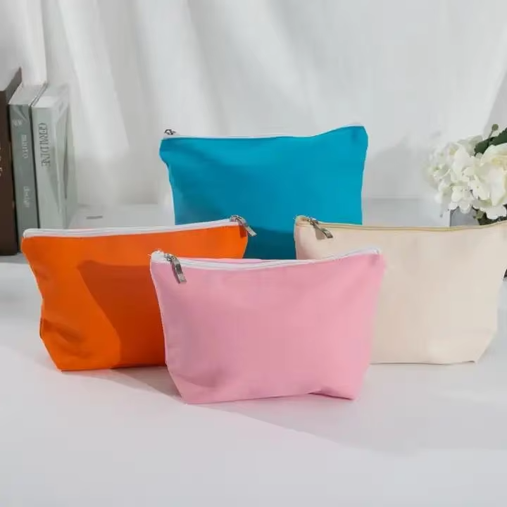 Custom Long Plain Eco-Friendly Reusable Washable Small Cotton Canvas Travel Cosmetic Bag With Logo Printed