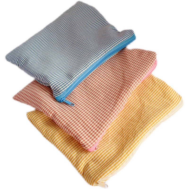 Cosmetic Bag Custom Logo Yellow Gingham Cotton Wholesale Zipper Makeup Bag Eco-friendly Cotton Terry Cloth Make Up Bag