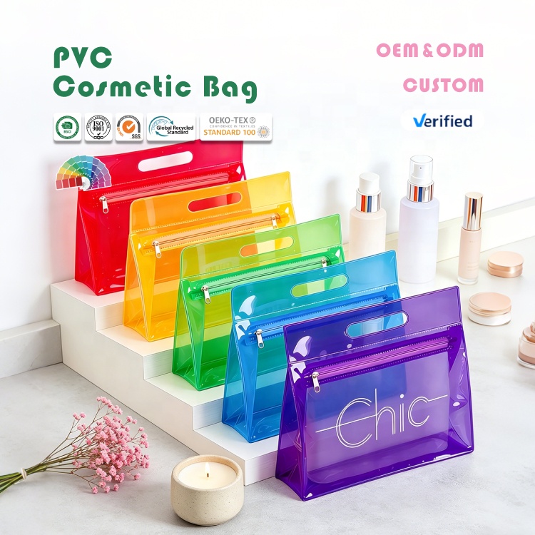 Custom Logo Clear Transparent PVC Cosmetic Pouches Makeup Bag for Travel Toiletry with Zipper Qty Mix Colors