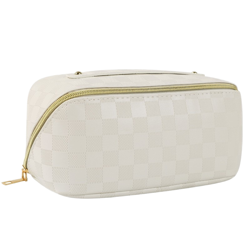 Fashionable Large Capacity Travel Portable Cosmetic Bag with Zipper Simple Checkerboard PU Waterproof Makeup Bag