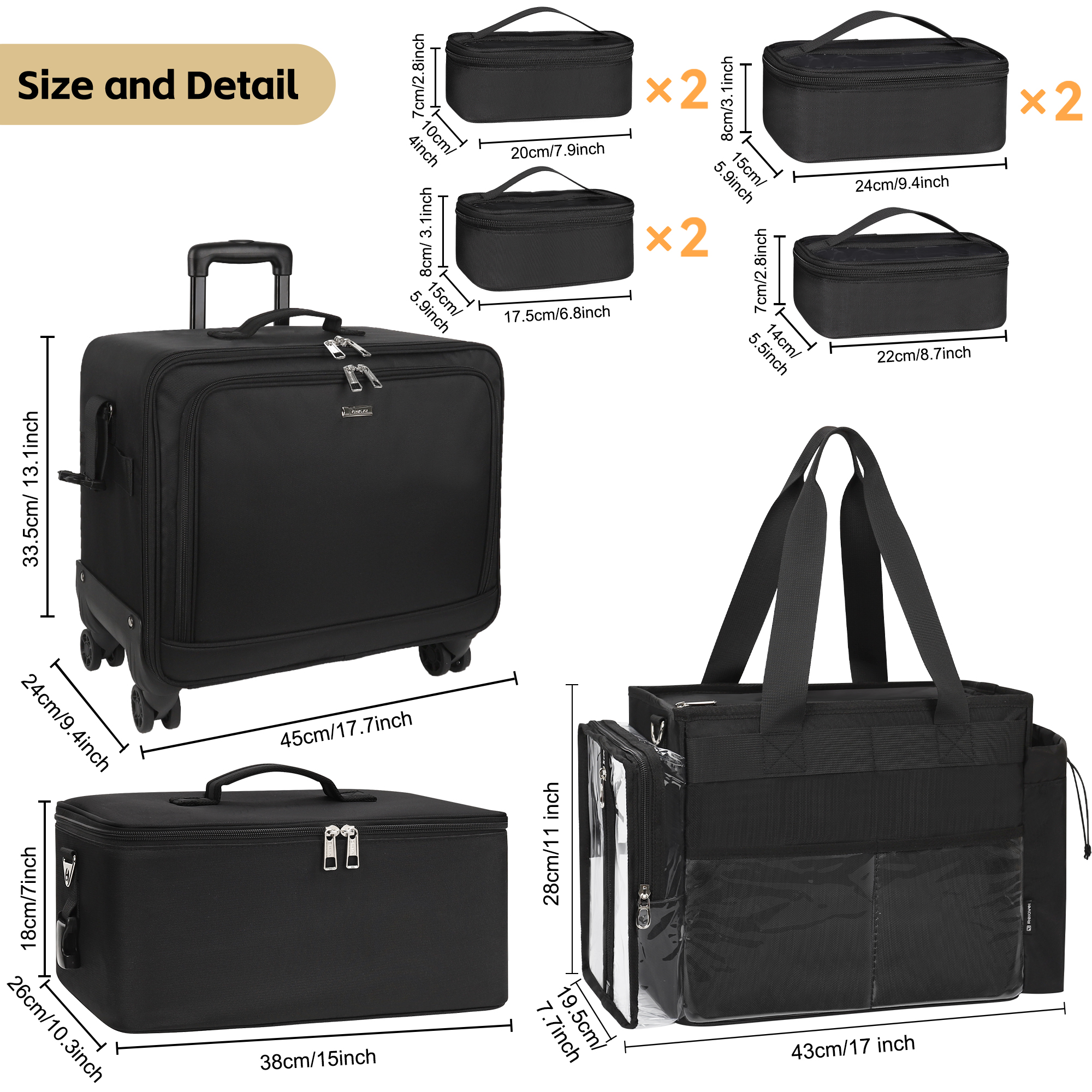The Relevel Large-capacity Trolley Makeup case Comes with One Large Transparent Makeup Bag and Six Small Makeup Pouches.