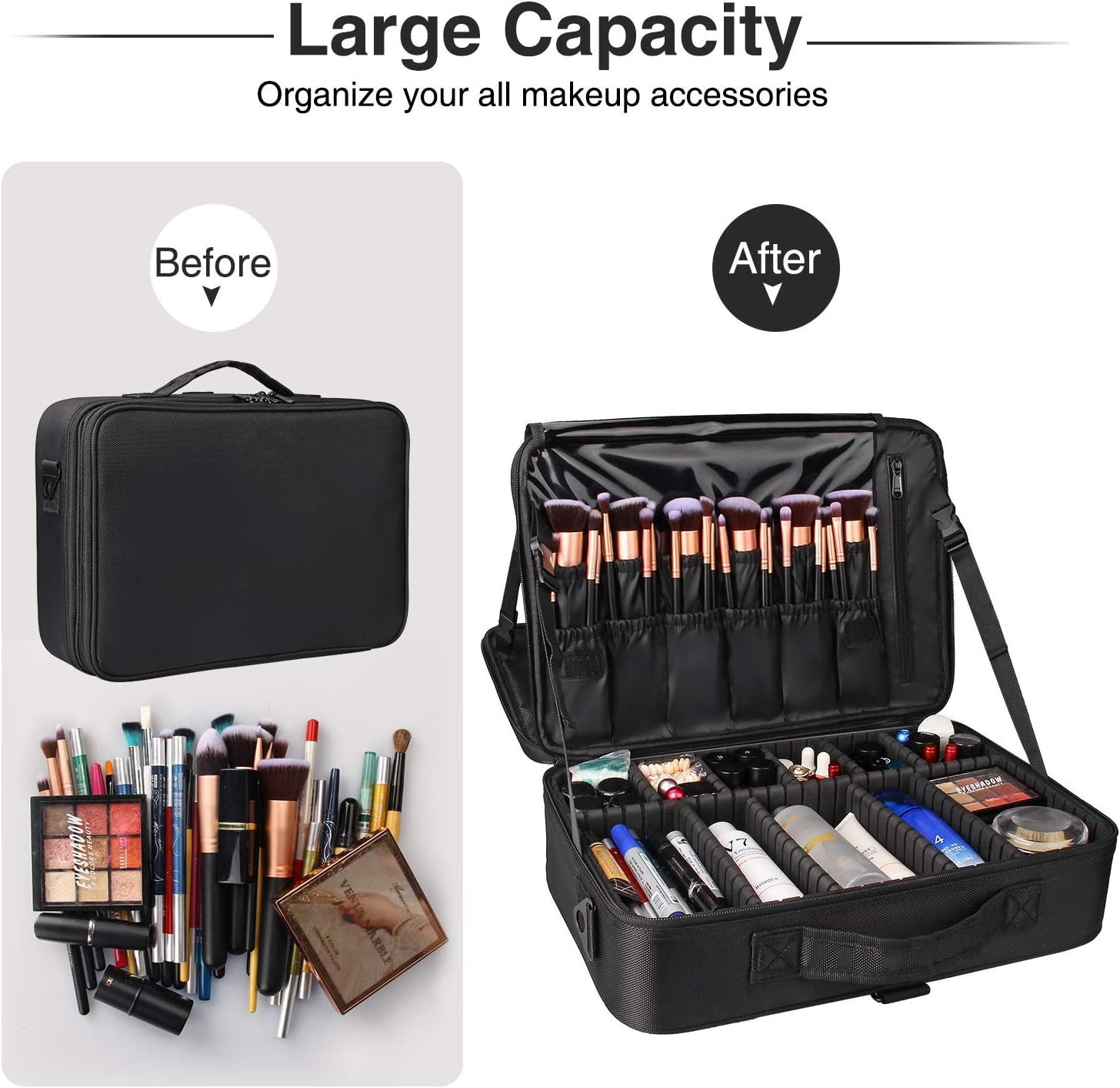 Waterproof Large Professional Makeup Bag With Adjustable Dividers 3-Layer Travel Cosmetic Train Case For Artists &amp; Salon