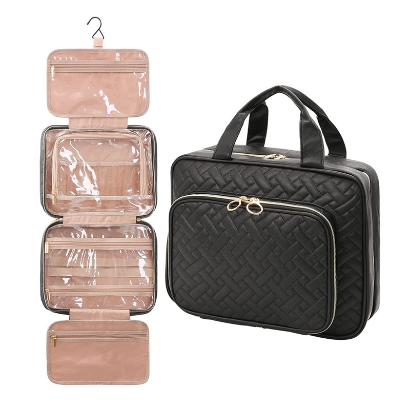 Luxury PU Leather Cork Hanging Quilted Travel Toiletry Bag with Logo Makeup Cosmetic Train Travel Toiletry Organizer