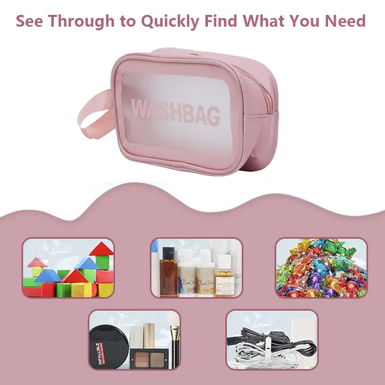 Custom Printing Logo Pink PVC Cosmetic Bag Custom Color Transparent Frosted Travel PVC Makeup Bag