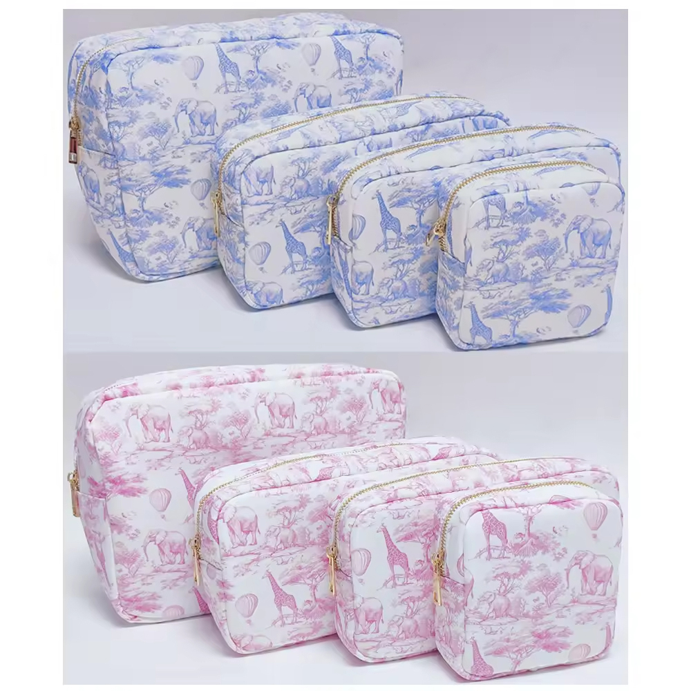 Keymay Fast Ship Blue Pink Animal Printing Travel Makeup Kit Bag Nylon Cosmetic Bags Waterproof Ladies Zipper Toile Print Pouch