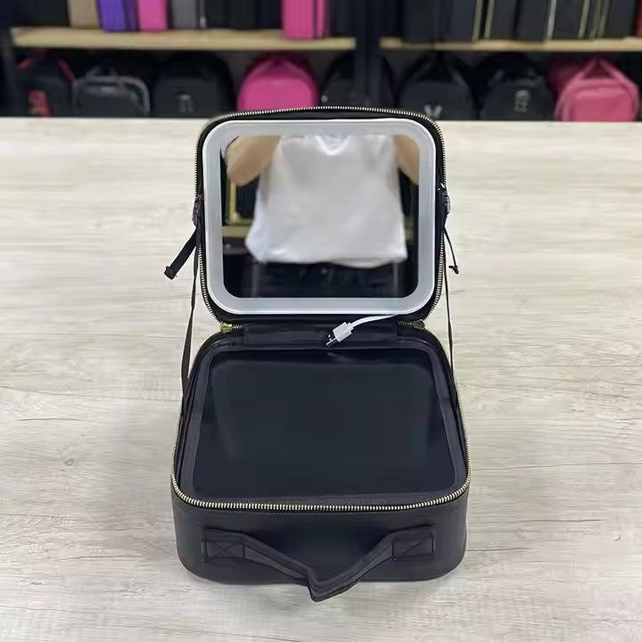 Vanity Bag with 3 Color Illuminated Mirror Rechargeable Portable 2 Layer Adjustable Dividers Makeup Bag Organizer for Travel