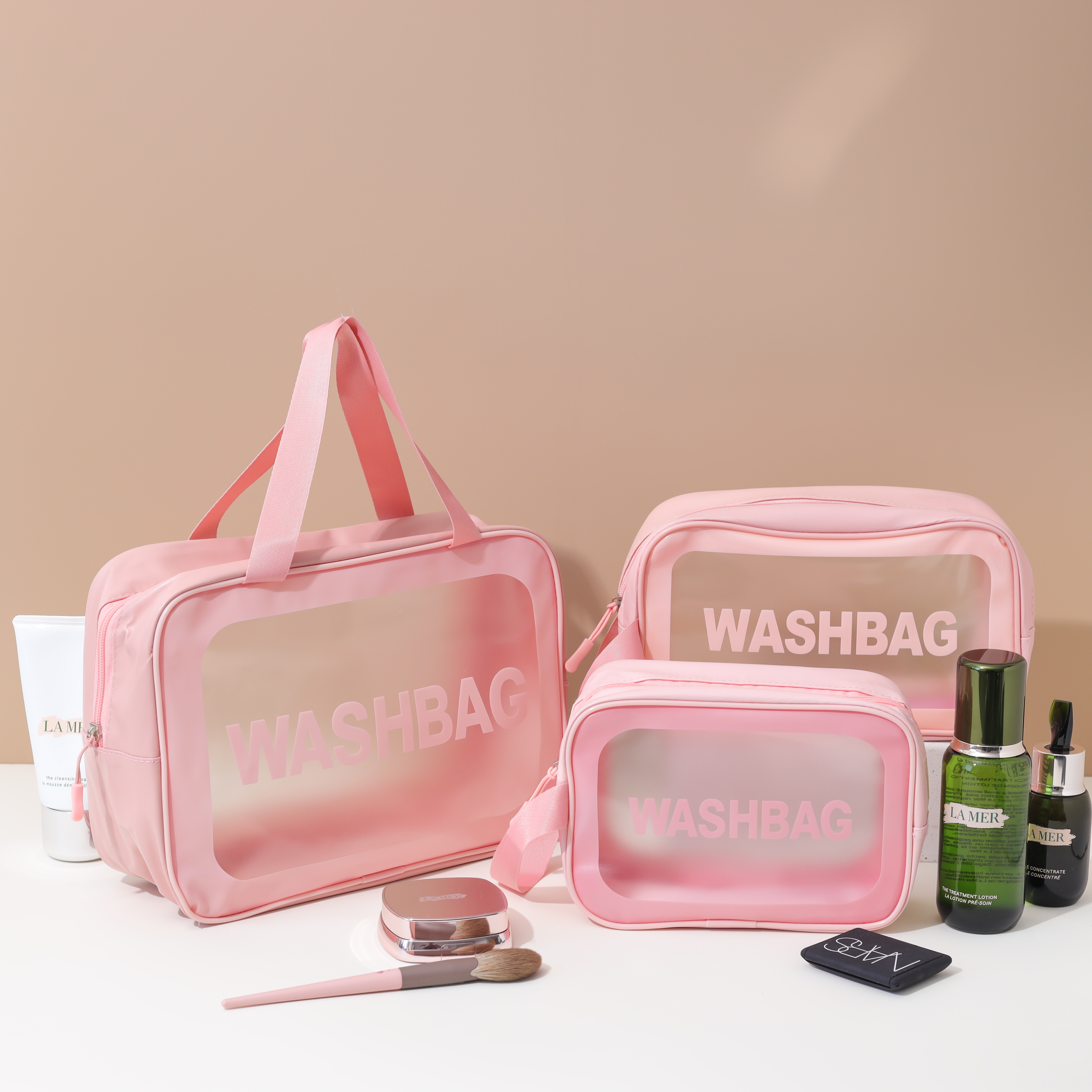 Simple Lovely pink Custom logo Makeup Bag Cosmetic &amp; Toiletry Bags Cosmetic Bag with Zipper for Girls Women for Travel Swimming