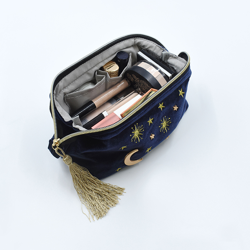 Factory Custom Eco-Friendly Velvet Lady Makeup Bag with Zipper Closure Embroidered Tassels Moon Stars Organizer