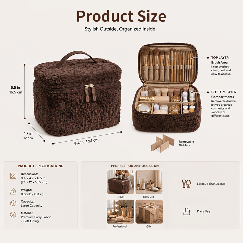 Factory High Quality Custom Compartment Eco Friendly Beauty Fluffy Makeup Bags Vanity Cosmetic Large Capacity Storage Bag