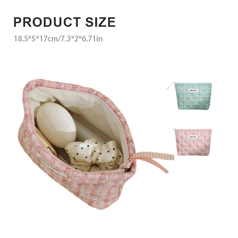 Quilted Cotton Cosmetic Bag Handle Organic Cotton Makeup Pouch Multi-Function Vanity Case Featuring Thread Pattern PU