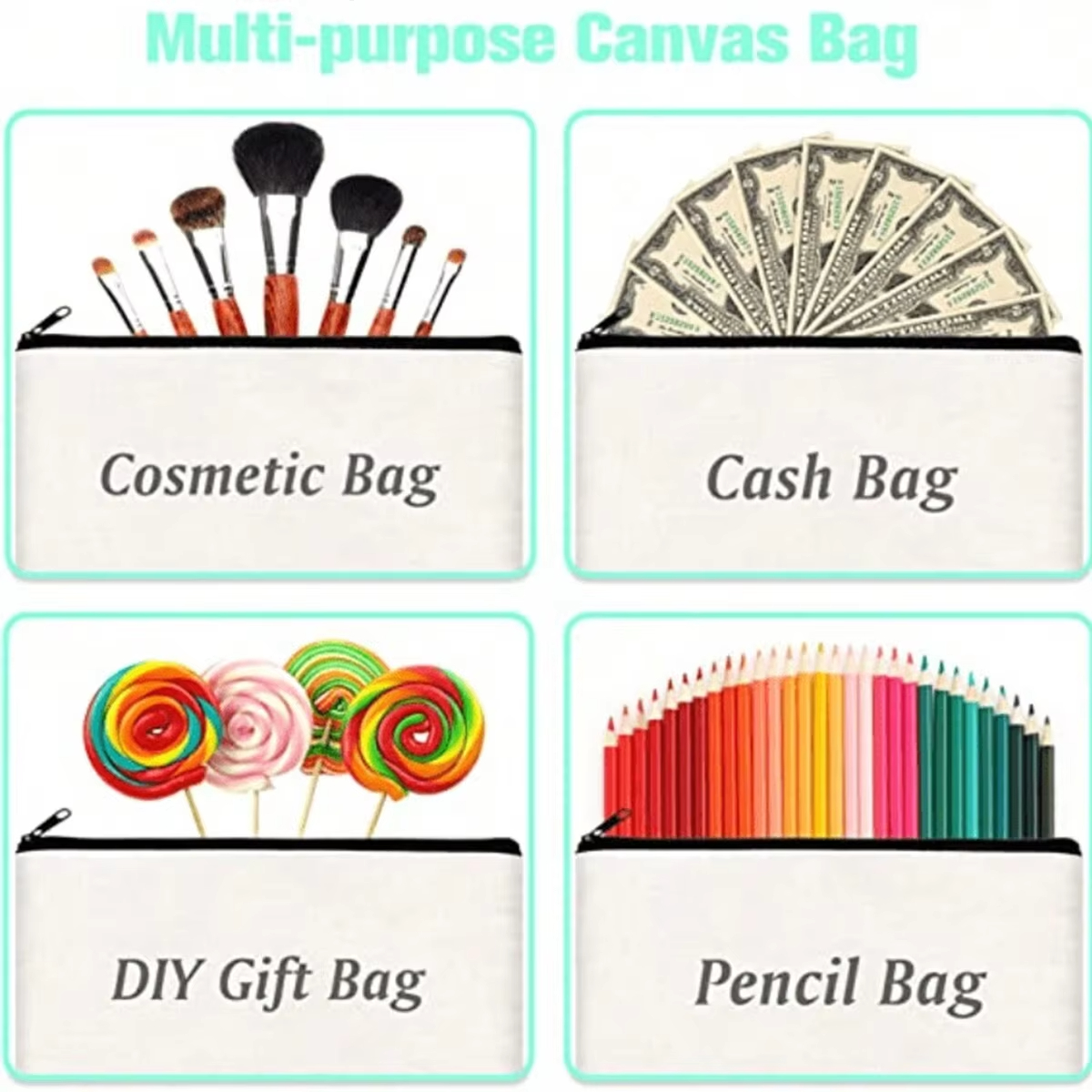 Eco Friendly Custom Printed Logo Blank Make Up Organic Cotton Plain Travel New Cosmetic Makeup Bag Canvas Pouch With Zipper
