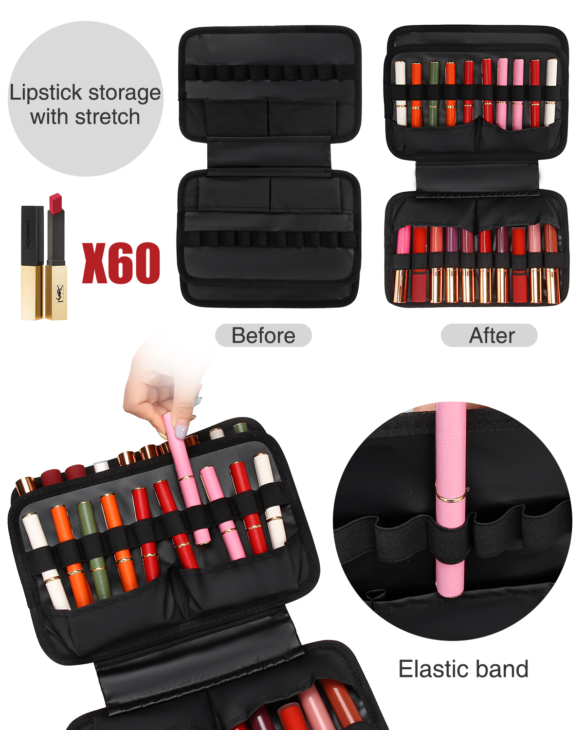 Relavel Lipstick Holders 60 Pcs Slots Professional Makeup Case Portable Lipstick Bag Lipstick Organizer with Elastic Bands