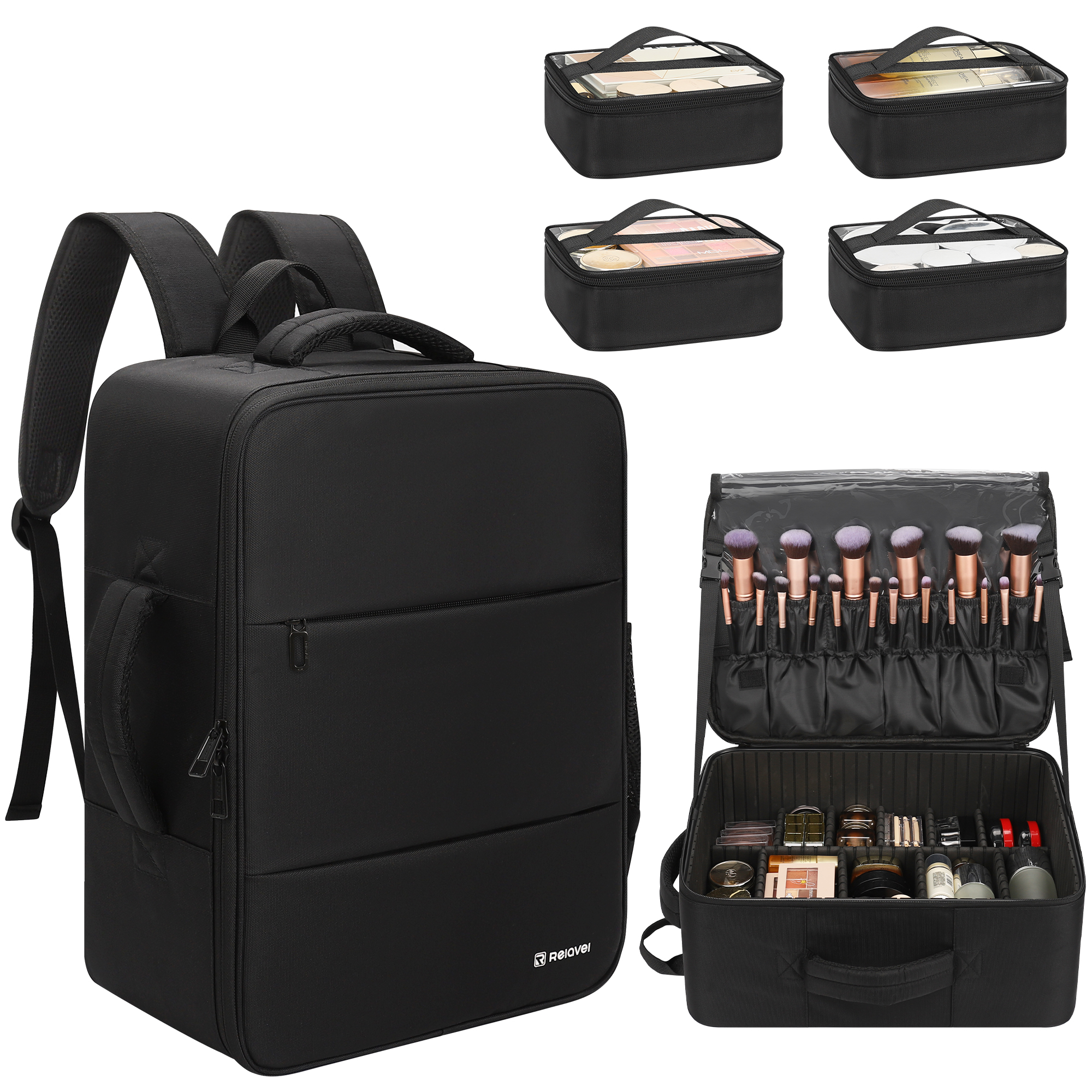Relavel Professional Makeup Extra Large Cosmetic Bag Travel Train Case Storage Organizer Makeup Backpack with 4 Pouch