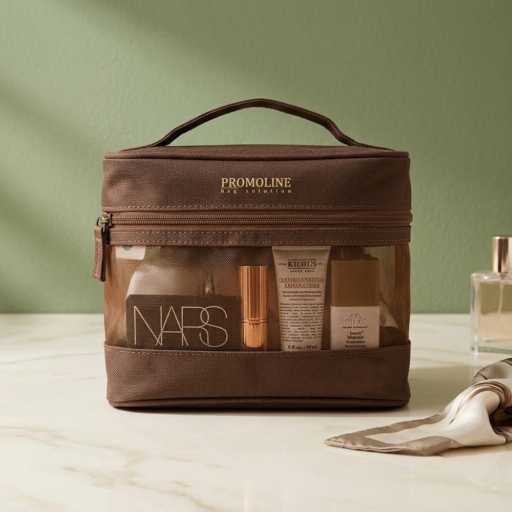 Wholesale Semi See Through Mesh Toiletry Bag With Coffee Color Edge Portable Makeup Organizer for Hotel Amenity Bulk