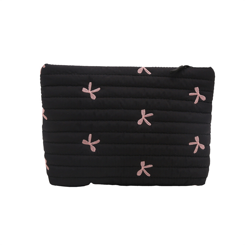 INS Popular Embroidery Bows Puffer Quilted Makeup Bags Ladies Cute Beauty Skincare Handbags Accessories