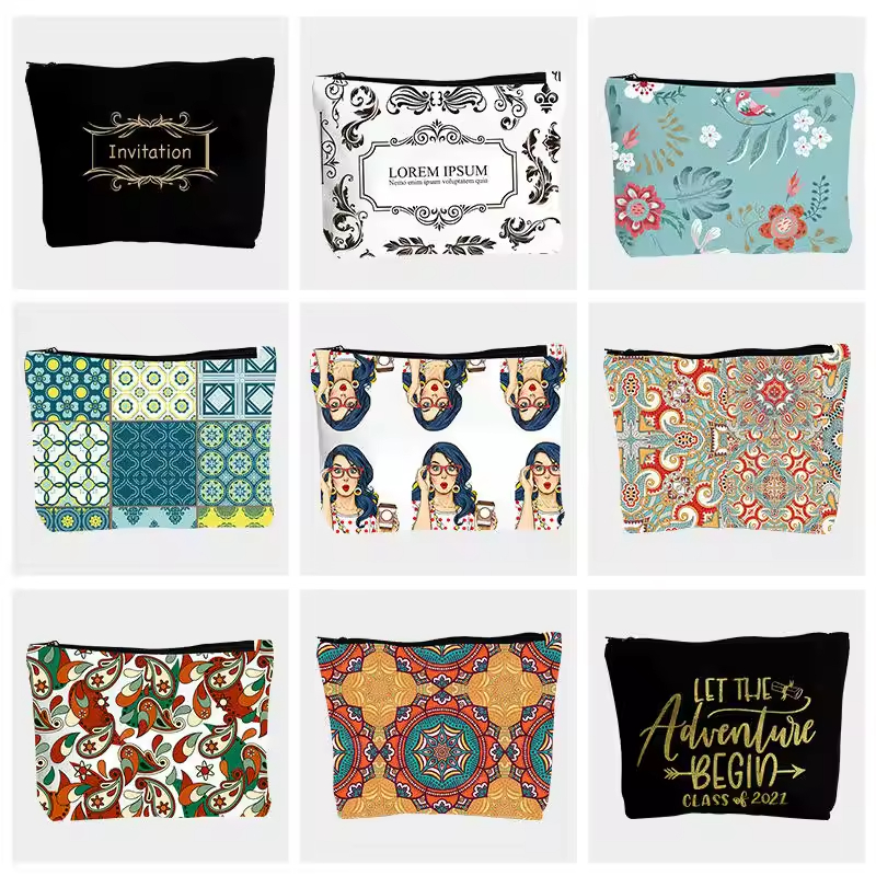 Custom Print Logo Cotton Makeup Bags Reusable Canvas Cosmetic Pouch Portable Pencil Bag With Zipper Make Up Brush Bag