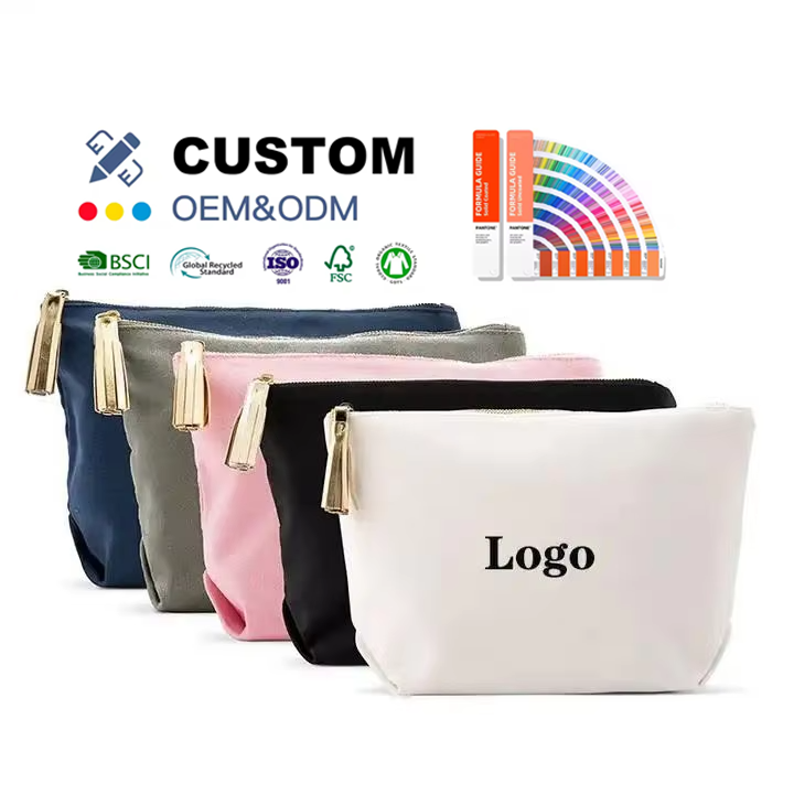 Custom Long Plain Eco-Friendly Reusable Washable Small Cotton Canvas Travel Cosmetic Bag With Logo Printed