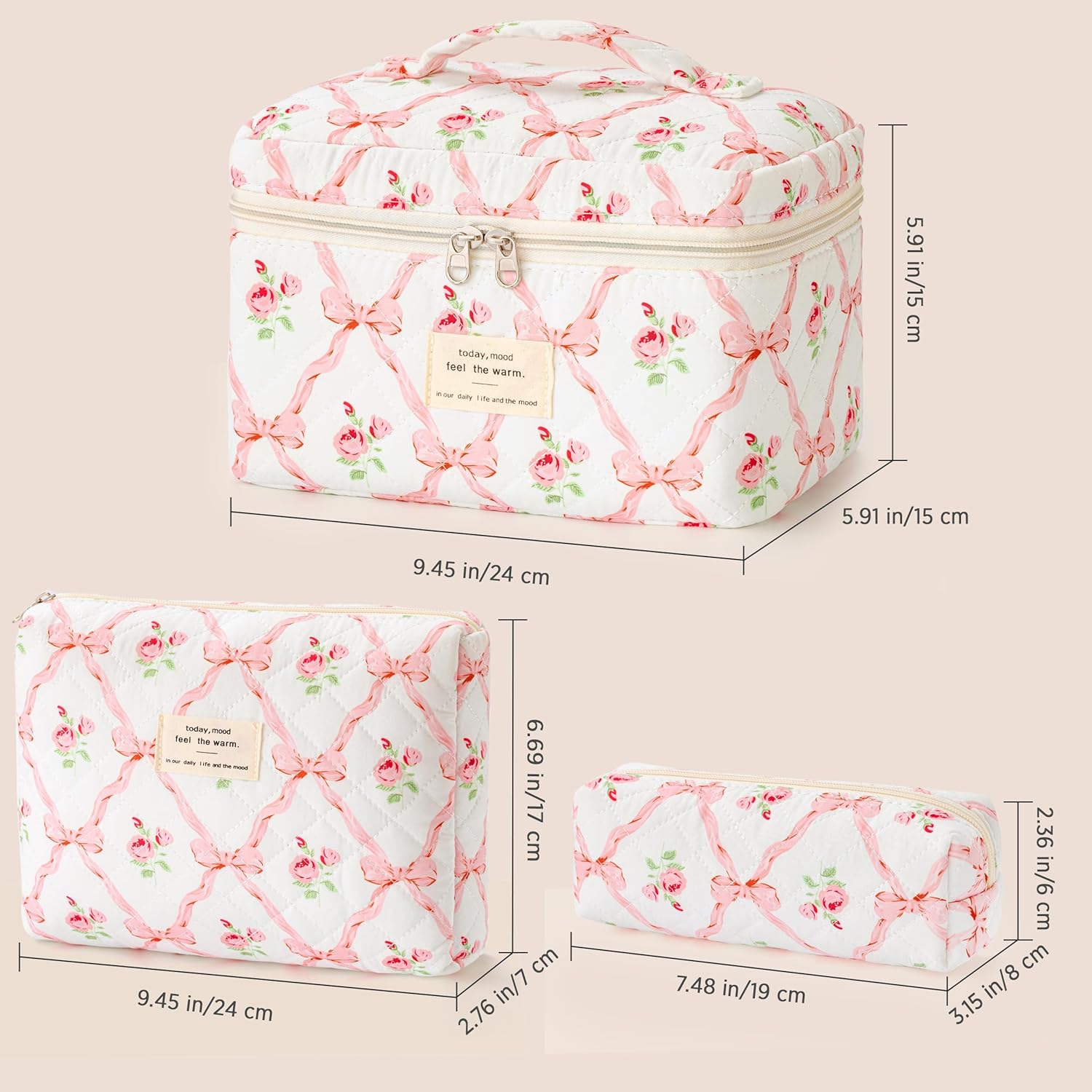 Quilted Cosmetic Bag Set of Three Customizable Large Capacity Portable Makeup Organizer Trendy for Teen Girls Travel Use