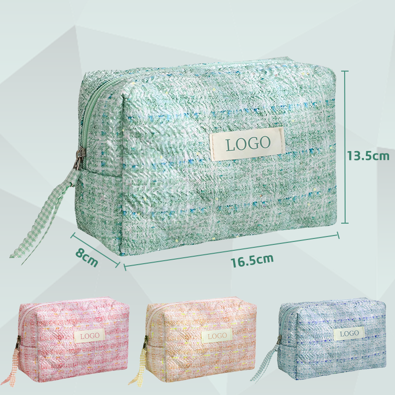 Premium Small Clear Fabric Cosmetic Bag Woven Textured Cute Fashional Large Capacity Zipper Closure Handled Customizable Logo