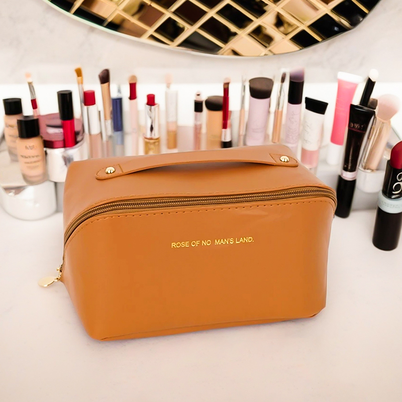 Wholesale Custom Logo Professional Luxury Large Capacity Lady Pu Leather Cosmetic Handled Makeup Bag