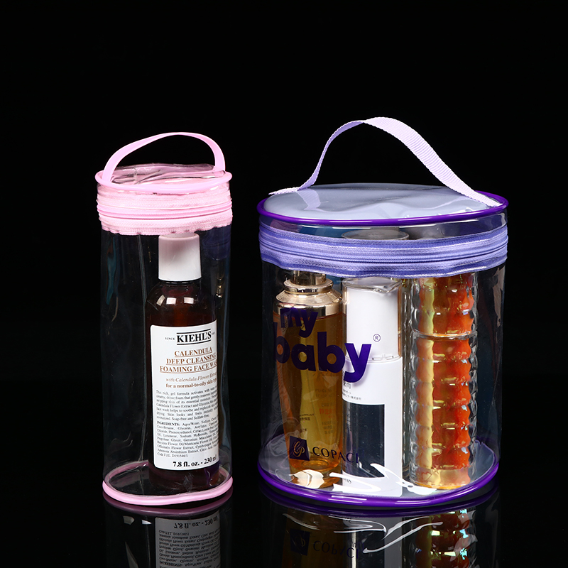 Factory Direct Sell Clear Makeup Bag PVC Round Cylinder Cosmetic Bag with Zipper