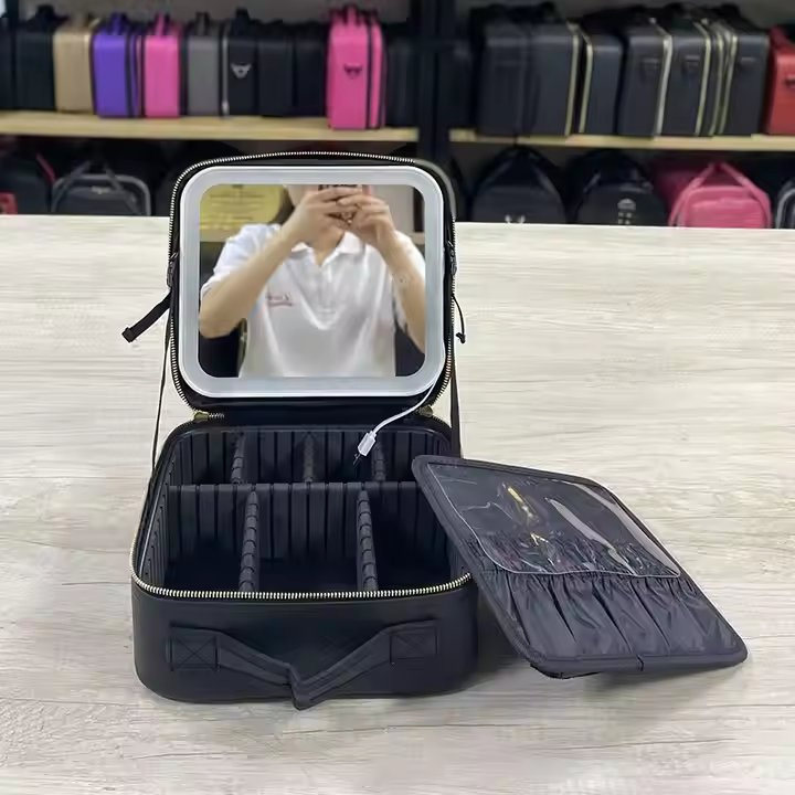 Vanity Bag with 3 Color Illuminated Mirror Rechargeable Portable 2 Layer Adjustable Dividers Makeup Bag Organizer for Travel