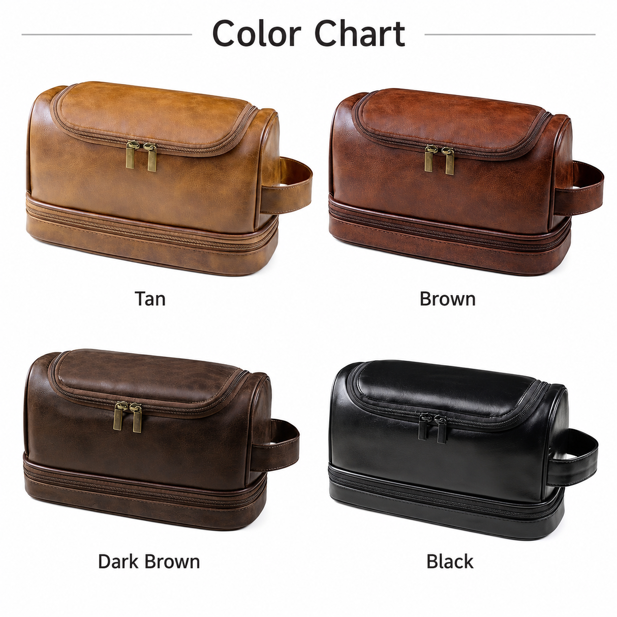 MEGAMAPLE Large-capacity PU Leather Storage Bag Zipper Closure Adjustable Strap Hanging Toiletry Bag Classic Style Business