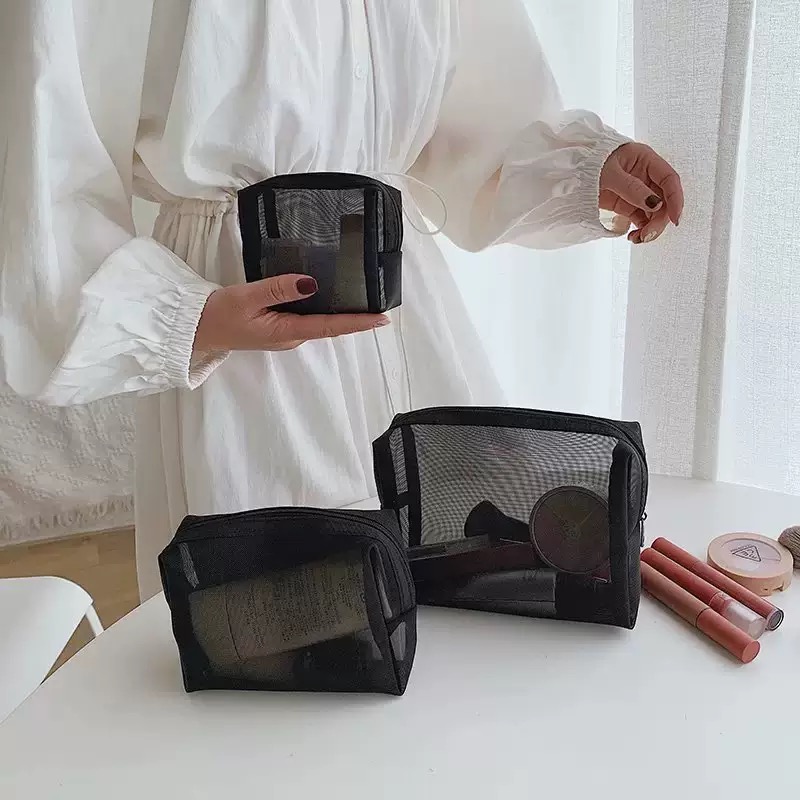 Low MOQ Large Black Nylon Mesh Makeup Bag Travel Kits Pouch Makeup Set Beauty Accessories Zipper Pouch Cosmetic Wash Bag
