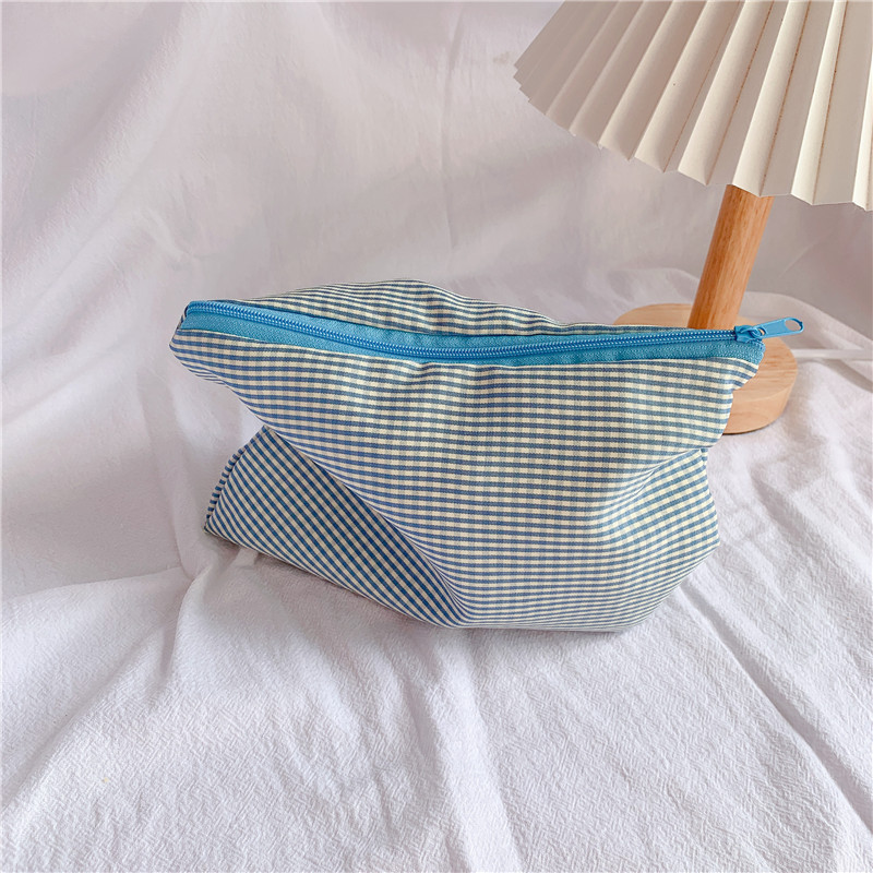 Cosmetic Bag Custom Logo Yellow Gingham Cotton Wholesale Zipper Makeup Bag Eco-friendly Cotton Terry Cloth Make Up Bag