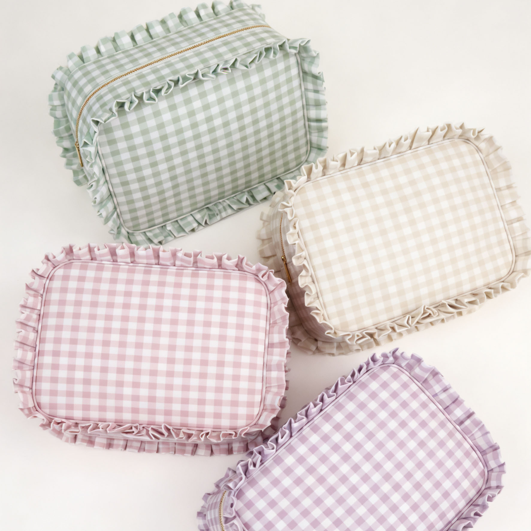 Cute Cotton Large Women Travel Zipper Pouch Toiletry Storage Organizer Wash Bag Gingham Cosmetic Bag Ruffle Makeup Pouch