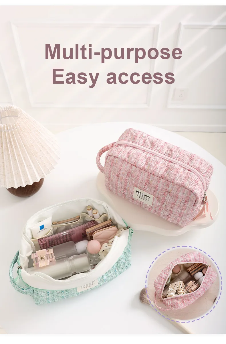 Quilted Cotton Cosmetic Bag Handle Organic Cotton Makeup Pouch Multi-Function Vanity Case Featuring Thread Pattern PU
