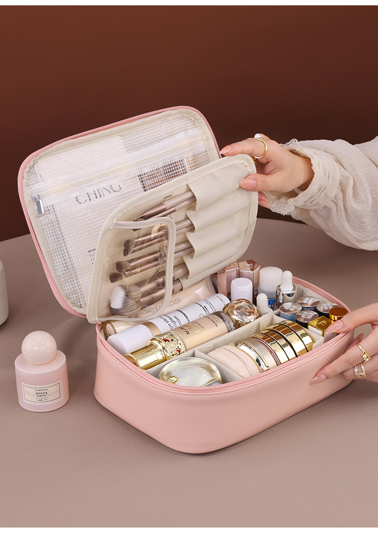 Custom Logo Fashion Outdoor Large Makeup Bag Multifunctional Zipper PU Soft Handle Waterproof Travel for Organizer