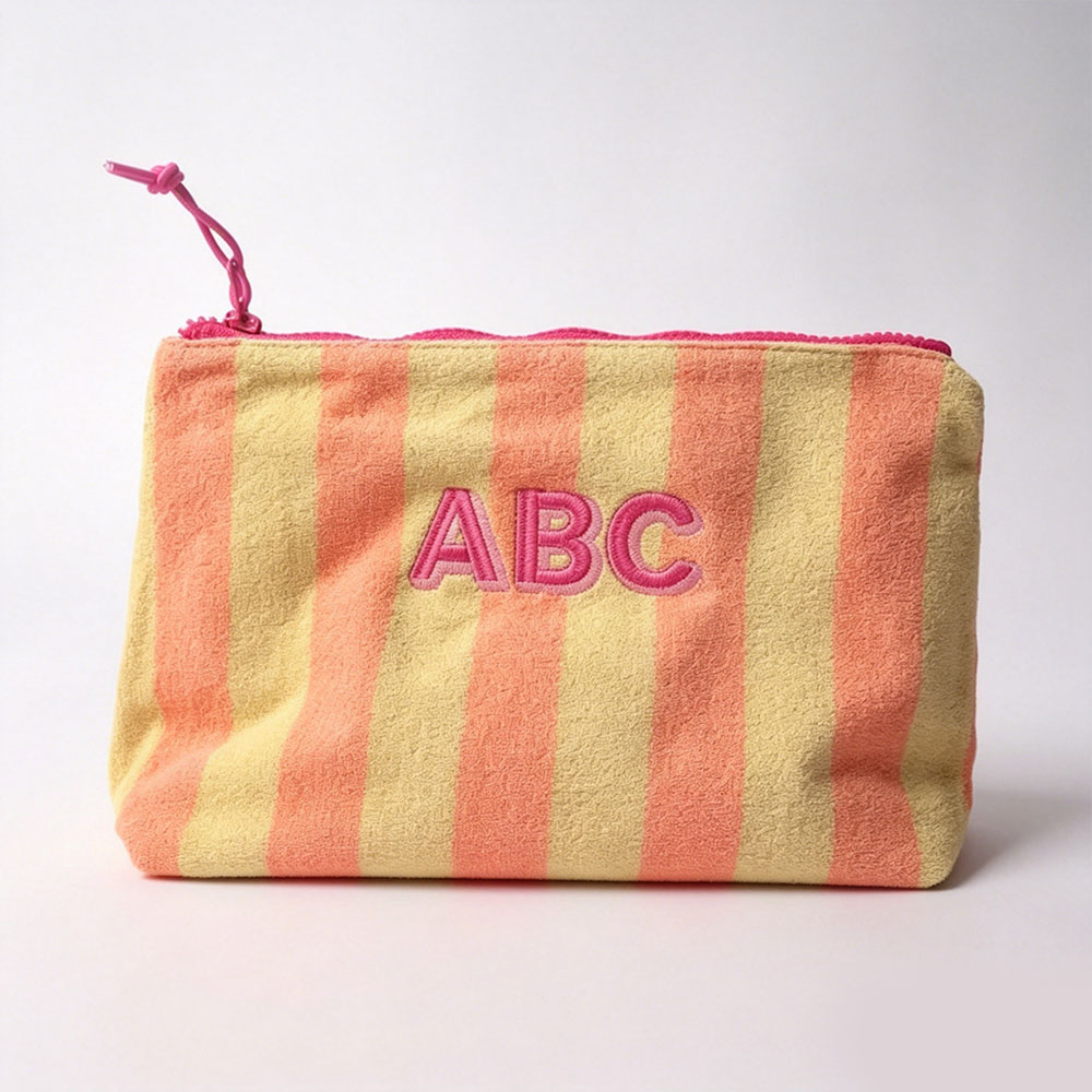 Personalized Stripped Travel Bag Monogram Terry Cloth Makeup Bag Custom Initials Cosmetic Beach Bag