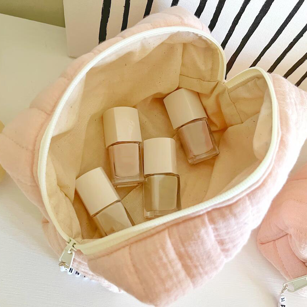 Custom Logo Quilted Cotton Large Travel Toiletry Bag Organizer Makeup Brushes Storage Cosmetic Bag for Women