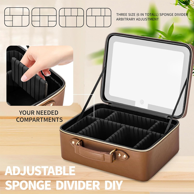 For Fashion Zipper Portable Luxury Travel Small Pu Leather Makeup Bag with LED Mirror Cosmetic for Organizer