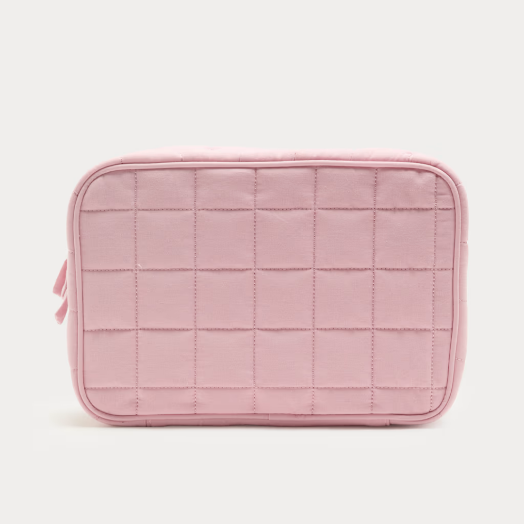 2026 New Custom Logo Portable Quilted Puffy Toiletry Bag 2 Folding Cosmetics Organizer Cute Pink Travel Bag With Hanging Hook
