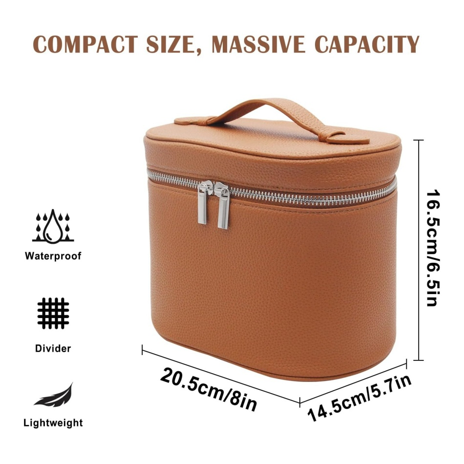 Brown Faux Leather Makeup Vanity Case Travel Toiletry Cosmetic Organizer Bag for Women