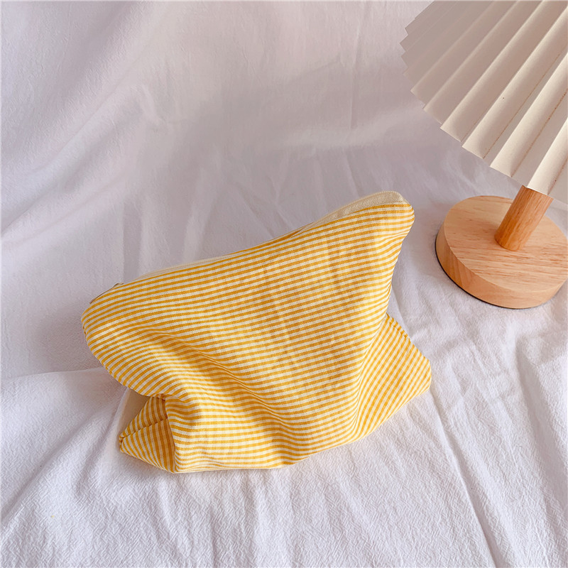 Cosmetic Bag Custom Logo Yellow Gingham Cotton Wholesale Zipper Makeup Bag Eco-friendly Cotton Terry Cloth Make Up Bag