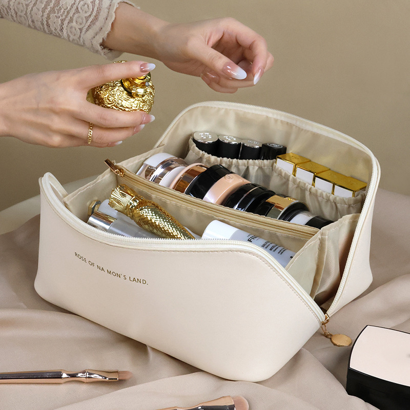 HANFEIZI Pu Leather Waterproof Cosmetic Bags Portable Makeup Bag Zipper Toiletry Bag