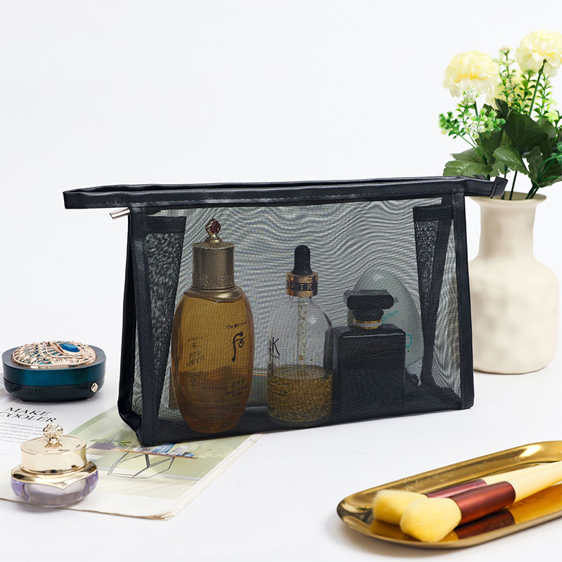 Luxury Black Nylon Mesh Cosmetic Zipper Bag Large Capacity Custom Logo Makeup Travel Set Kits