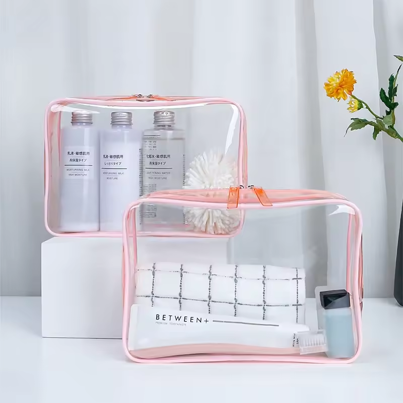 Waterproof Private Label Beauty Makeup Bag Professional Zipper Toiletry Bag Clear Pink Cosmetic Travel Bag Custom Logo