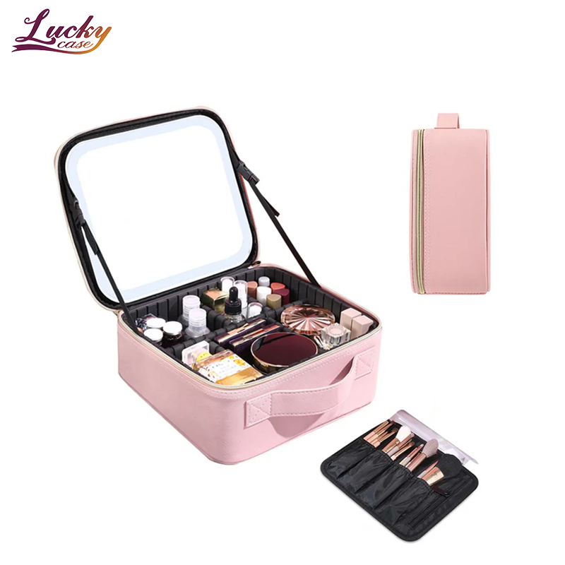 Lucky Case Women's Travel Makeup Organizer Pink Makeup Case with LED Lighting Mirror PU Cosmetic Bag for Beauty Kit Storage