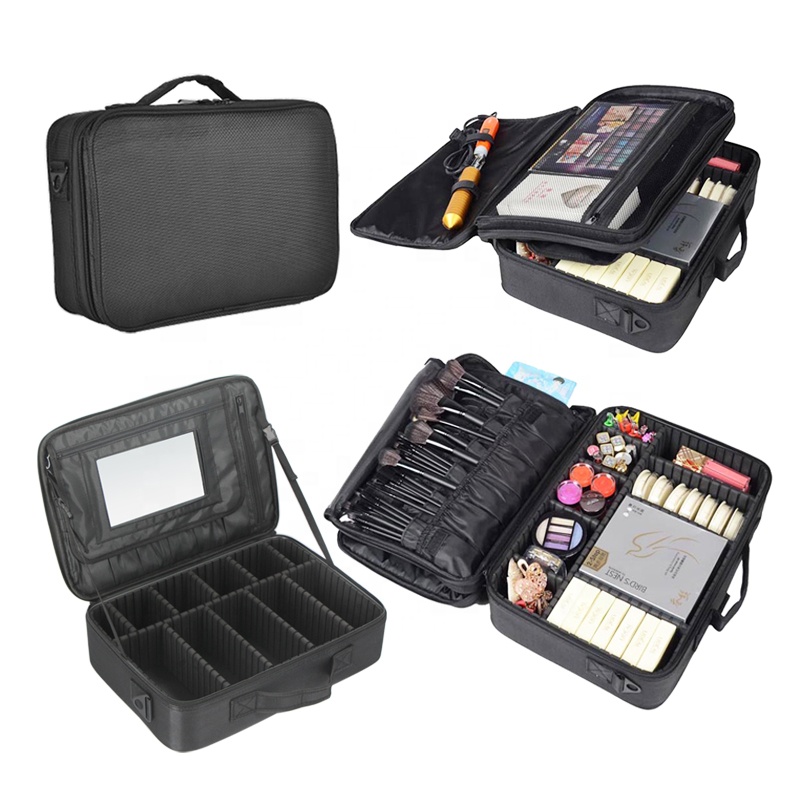 Professional Makeup Case with Strap Custom Portable Travel Bag Storage Box Waterproof Black 3-Layer Zipper Oxford Fabric