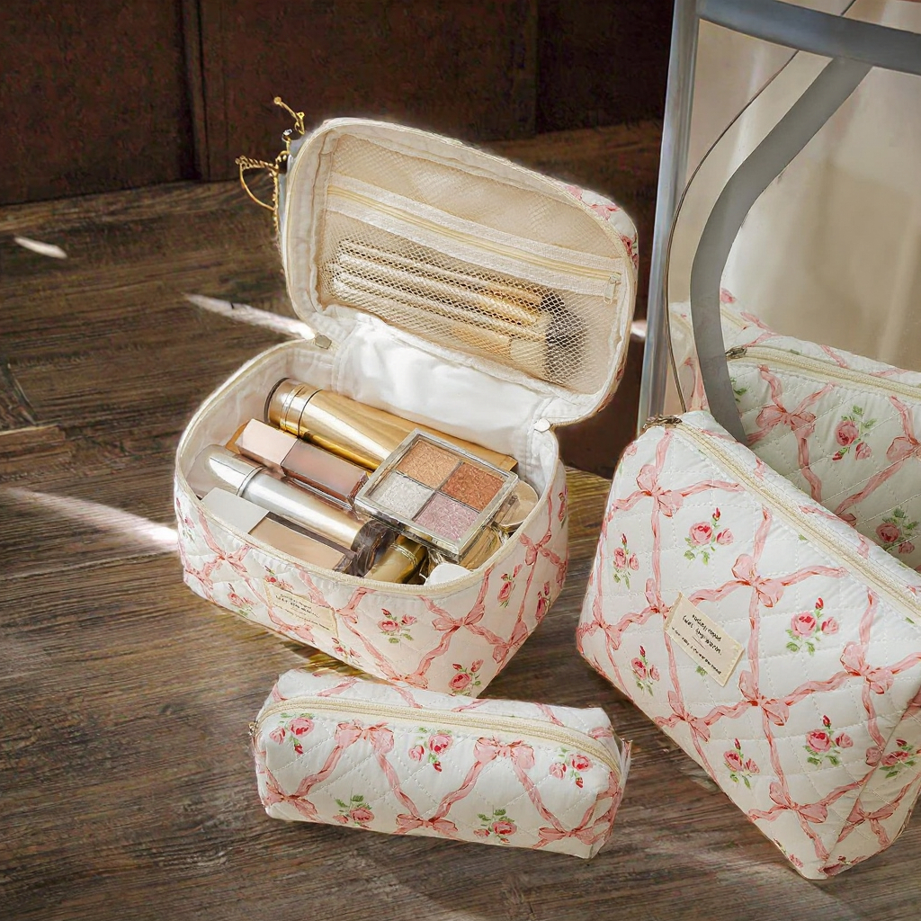 Quilted Cosmetic Bag Set of Three Customizable Large Capacity Portable Makeup Organizer Trendy for Teen Girls Travel Use