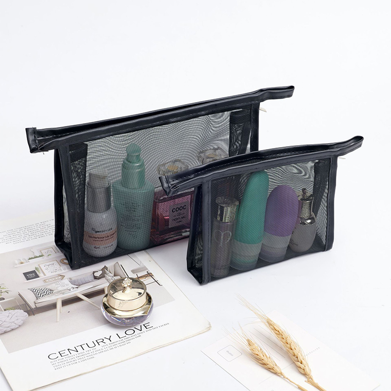 Luxury Black Nylon Mesh Cosmetic Zipper Bag Large Capacity Custom Logo Makeup Travel Set Kits