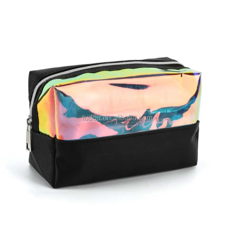Personalized Oem Pvc Tpu Holographic Glitter Waterproof Zipper Makeup Pouch Professional Travel Cosmetic Toiletry Wash Bag