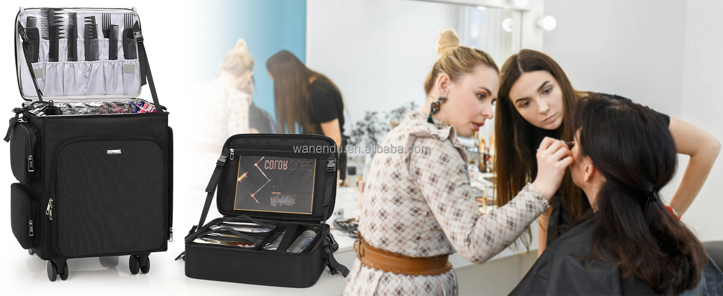 Relavel 2 in 1 Rolling Makeup Case Hairstylist Bag Makeup Artist Storage Organizer Trolley Suitcase with 360° Swivel Wheels