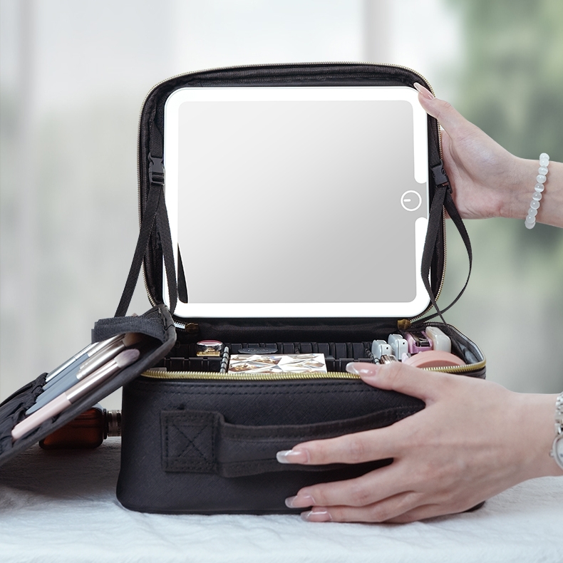 Portable Makeup Travel Bag Makeup Boxes with Zipper and LED Light Mirror for Cosmetic Use