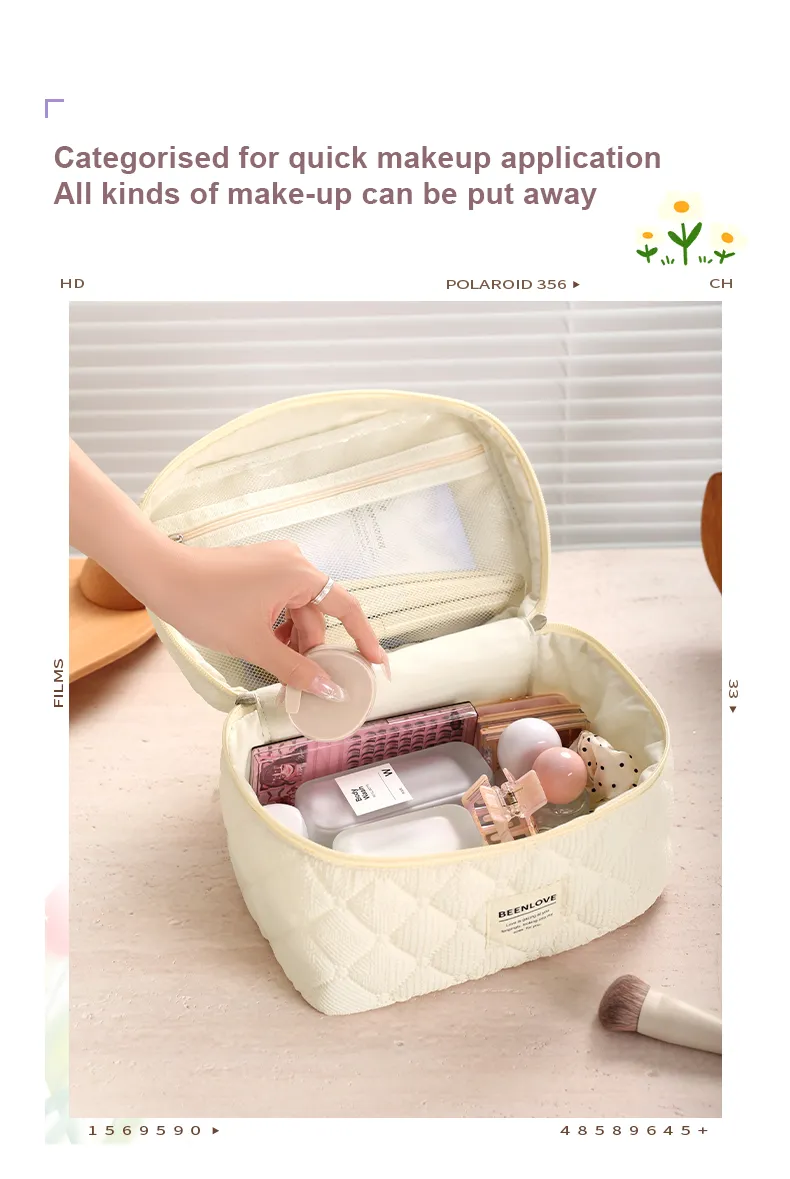 Quilted Cotton Cosmetic Bag Handle Organic Cotton Makeup Pouch Multi-Function Vanity Case Featuring Thread Pattern PU